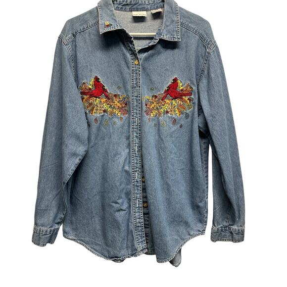 Bobbie Brooks Tops - Vtg Bobbie Brooks Denim Shirt L Cardinal Bird Embroidered Button Front